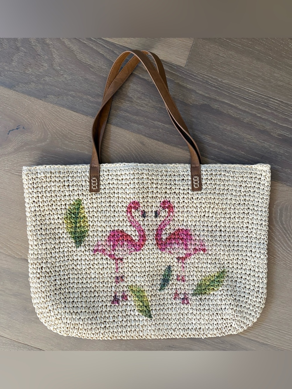 NWOT Straw Studios Woven Straw Tote Bag with Pink Flamingo Motif